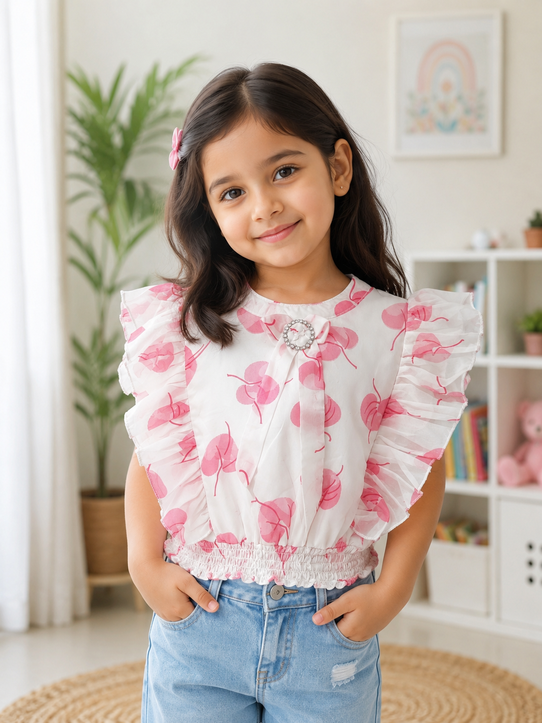 White & Pink Floral Ruffle Top for Girls | Soft Cotton Blend Casual Summer Top | Stylish Kids Party Wear