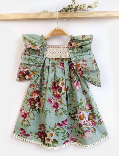 Pleated Floral Frilly Teal Baby Girl Dress