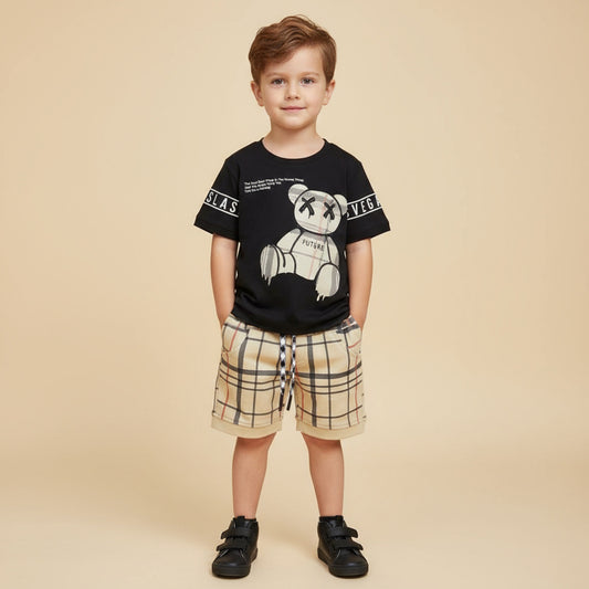 Trendy Bear Graphic T-shirt & Checkered Shorts Set for Boys - Black