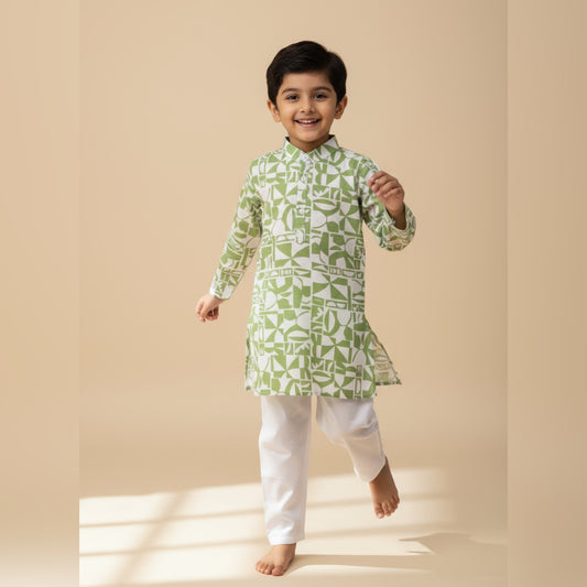 Green Geometric Print Kids Kurta Pajma Set