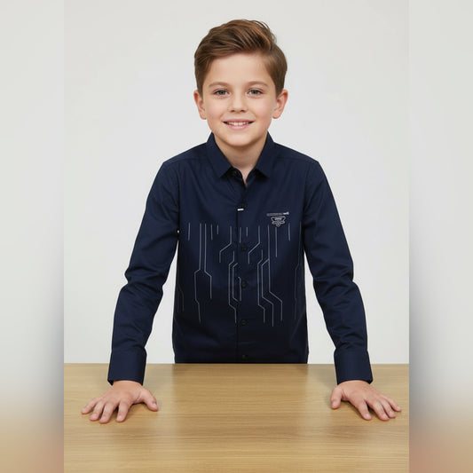 Navy Blue Boys' Shirt with Modern Geometric Print