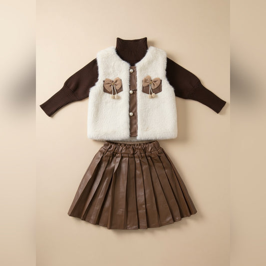 Chic Winter Charm: Girls’ Cozy Brown & Cream Outfit