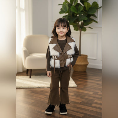 Chic Layered Brown & Faux Fur Winter Set for Kids