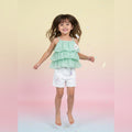 Mint Green Polka Dot Ruffle Top with White Unicorn Shorts – Girls Summer Outfit