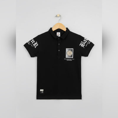 Trendy Black Boys Polo T-Shirt with Badge Print