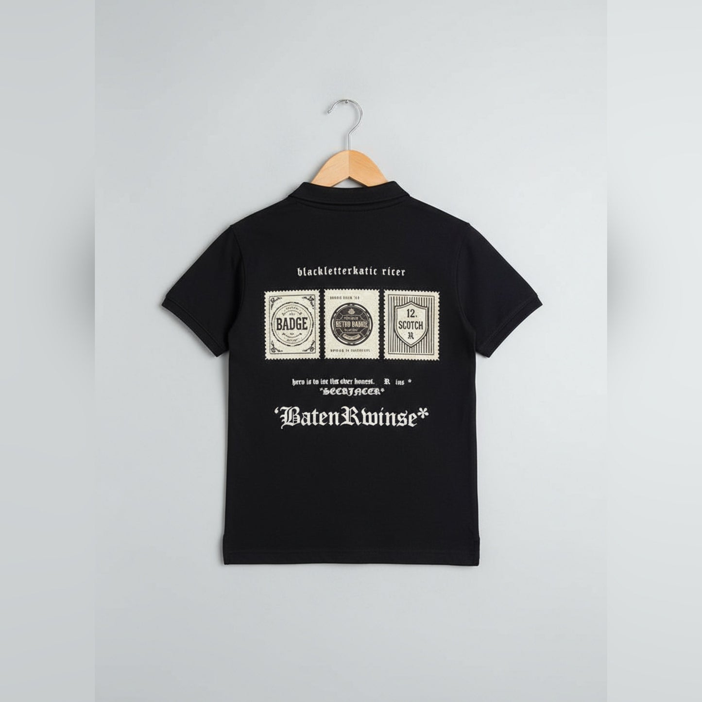 Trendy Black Boys Polo T-Shirt with Badge Print
