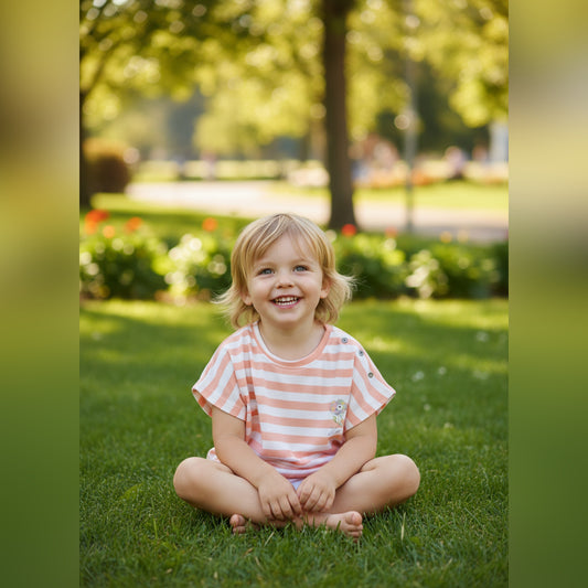 Peach & White Striped Kids Cotton T-Shirt