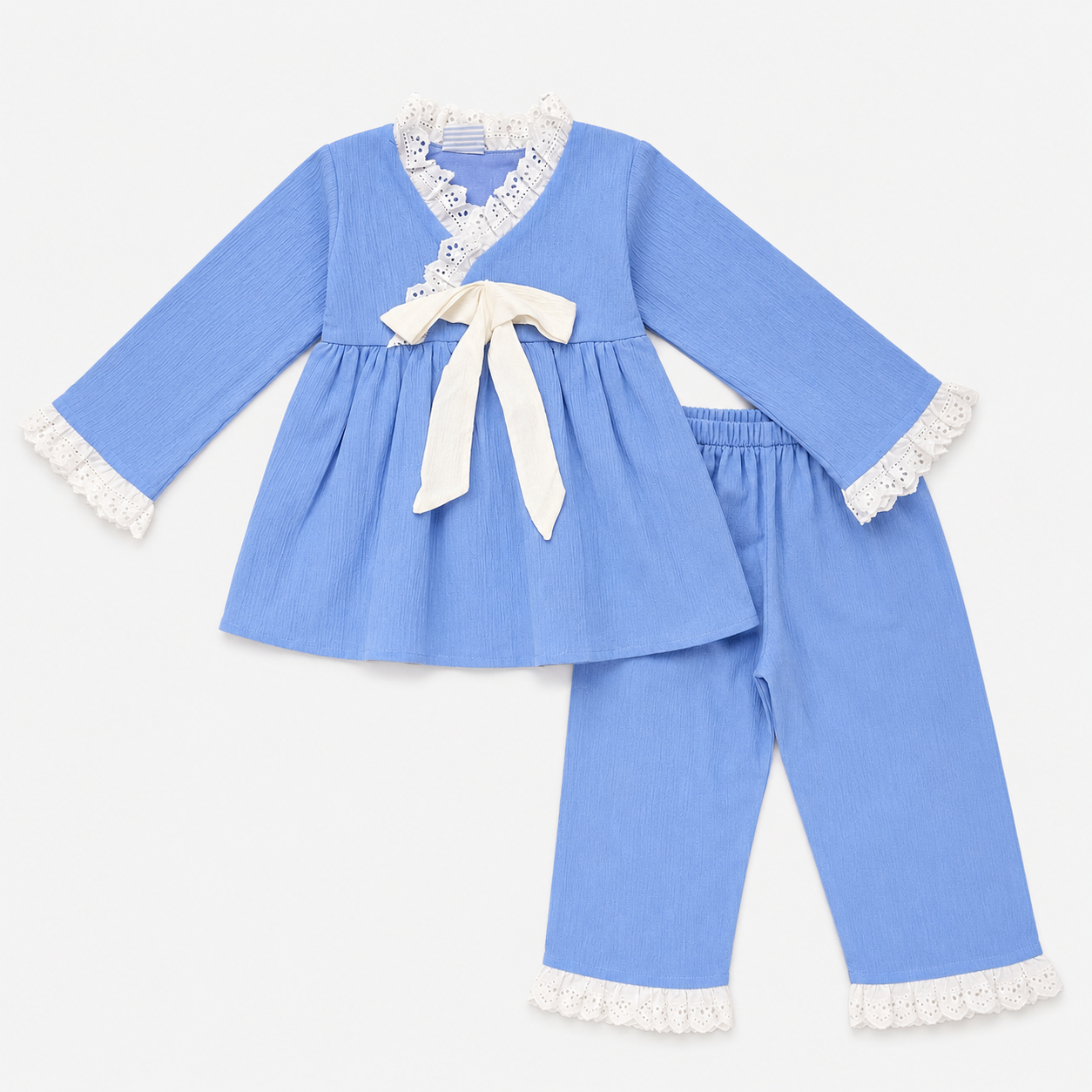 Girls Sky Blue Cotton Night Suit Set with White Lace Trim & Bow Detai