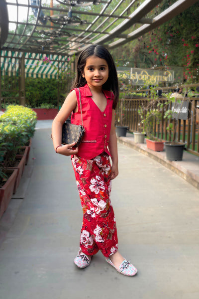 Girls Reversible Waist Coat and Pleated Pants set - Red
