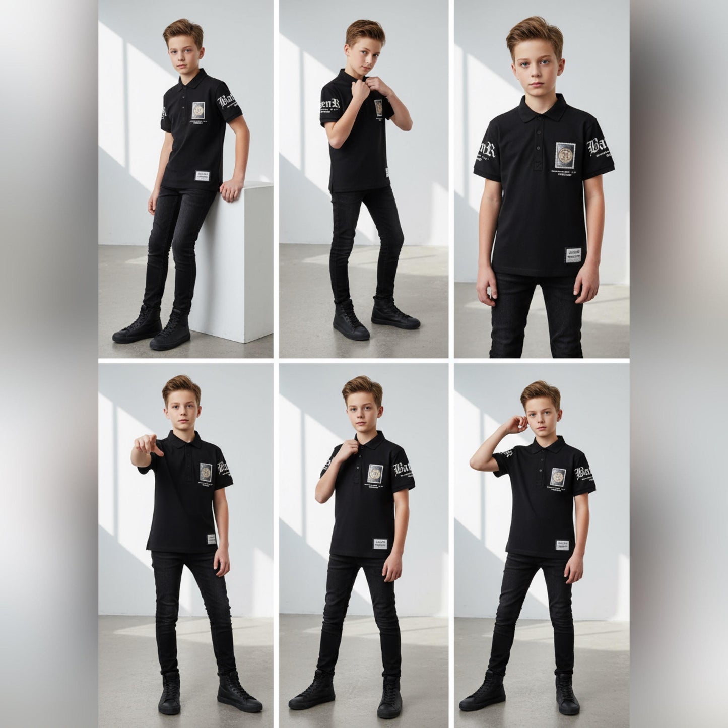 Trendy Black Boys Polo T-Shirt with Badge Print