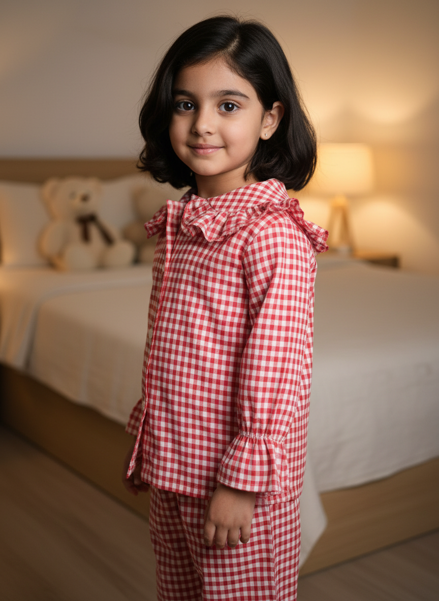 Girls Red Gingham Cotton Night Suit Set with Frill Collar & Ruffle Hem Pajamas